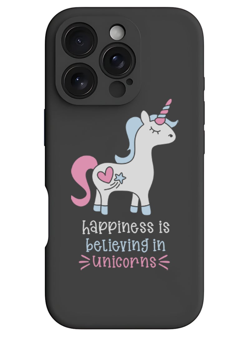 Theodor iPhone 16 Pro Black Protective Slim Fit Case Liquid Silicone Cover with Full Body Protection Anti-Scratch Shockproof Case For iPhone - Happiness is believing in Unicorns - Image 1