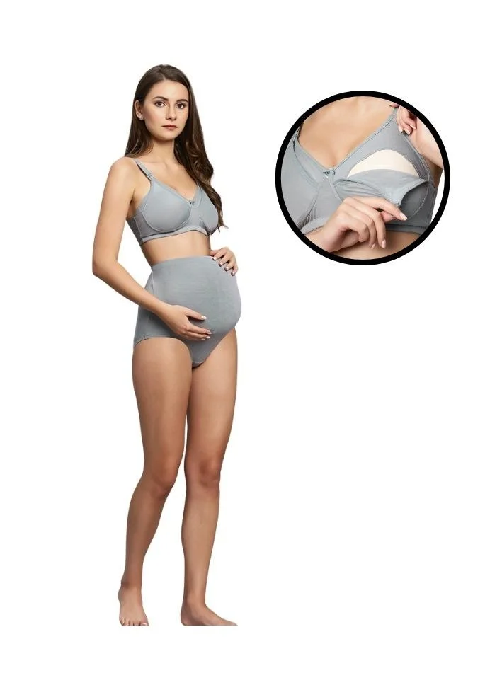 TUMMY TUMMY Bamboo Cotton Grey Nursing Bra and High Waist Panty 2 Pcs Set