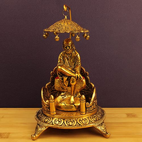 Spillbox Traditional Brass Sinhasan Pooja for God Idols – Idol Stand with Sai Baba - Image 1
