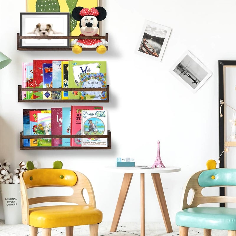 AZSKY Nursery Book Shelves 24 Inch Deep Walnut Floating Bookshelf for Kids Room Wall Mounted Floating Shelves Solid Nursery Bookshelf Perfect Decor for Kitchen Bedroom Living Room Set of 3 - Image 2