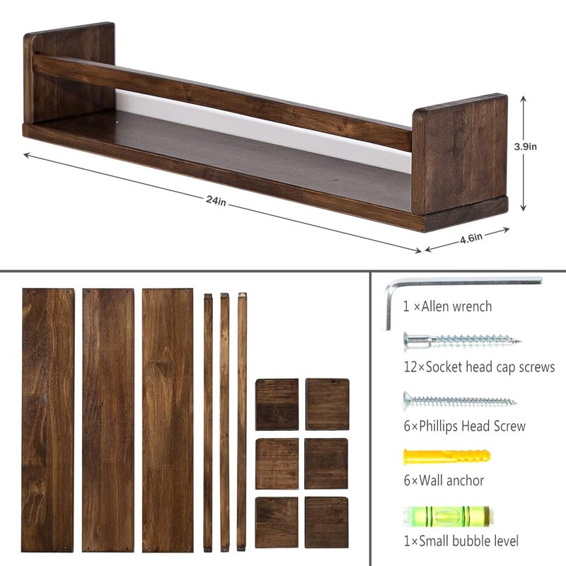 AZSKY Nursery Book Shelves 24 Inch Deep Walnut Floating Bookshelf for Kids Room Wall Mounted Floating Shelves Solid Nursery Bookshelf Perfect Decor for Kitchen Bedroom Living Room Set of 3 - Image 5