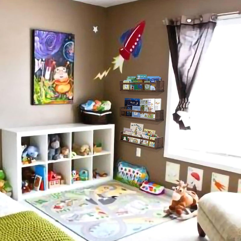 AZSKY Nursery Book Shelves 24 Inch Deep Walnut Floating Bookshelf for Kids Room Wall Mounted Floating Shelves Solid Nursery Bookshelf Perfect Decor for Kitchen Bedroom Living Room Set of 3 - Image 4