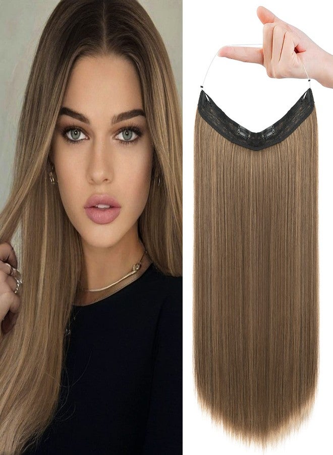 REECHO Invisible Wire Hair Extensions with Transparent Headband Adjustable Size Removable Secure Clips in Straight Secret Hairpiece for Women (16 Inch (Pack of 1), Light Ash Brown with Highlights) - Image 1