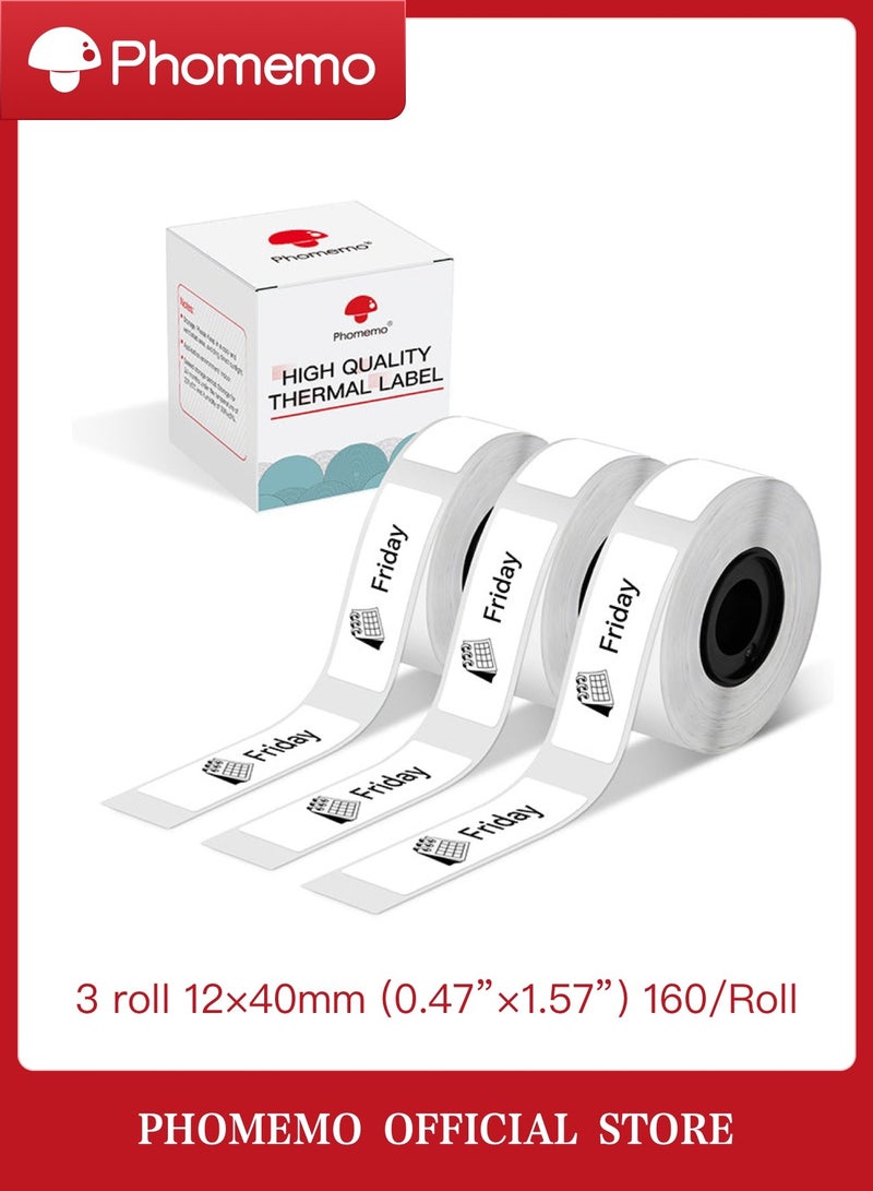 phomemo Thermal Self-Adhesive Labels 12mm x 40mm (3/8" x 1.5") - 160/Roll, Black on White, 3 Rolls | Compatible with D30/D35/Q30/Q30S Printer  - Image 1