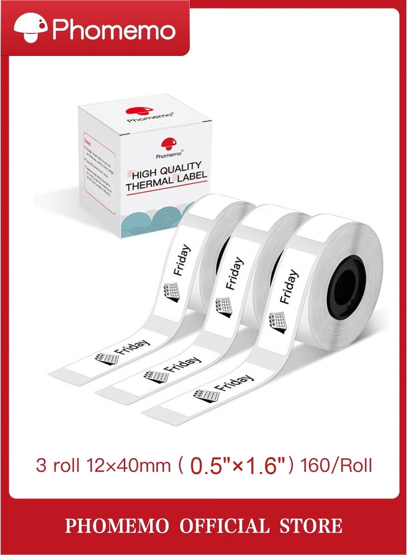 phomemo 3 Rolls Thermal Self-Adhesive Labels 12mm x 40mm (0.5" x 1.6") - 160 Labels/Roll, Black on White, Compatible with D30/D35/Q30/Q30S Printer - Image 1