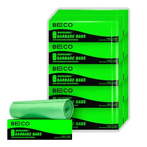 Beco Eco-Friendly Garbage Bags | 150 Pcs | Large- 24 x 32 Inches | 15 Bags x 10 Rolls | Green | Dustbin/Trash Bags with Detachable Drawstrings | For Dry & Wet waste - Image 1