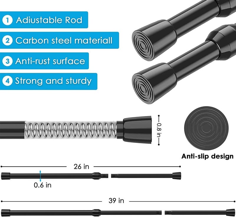 MEXAU 3Pcs Tension Curtain Rod 26-39 inch Spring Tension Rod, Black Tension Rod Adjustable Curtain Rod, Small Tension Rod Curtain Tension Rod for Kitchen, Bathroom, Window, Bookshelf,Closet. - Image 5