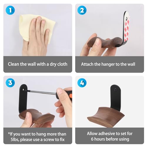 Mt.Jun Walnut Wood Headphone Wall Mount Holder, with VHB Adhesive Tape and Screw, Holds 10 lbs (Black & Walnut Wood) - Image 5