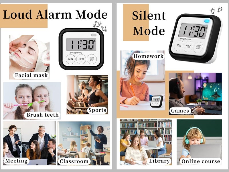 AOUVES Timer, Kitchen Timers for Cooking Classroom Timer for Kids Teachers Magnetic Digital Timers 2 Pack, Black - Image 2
