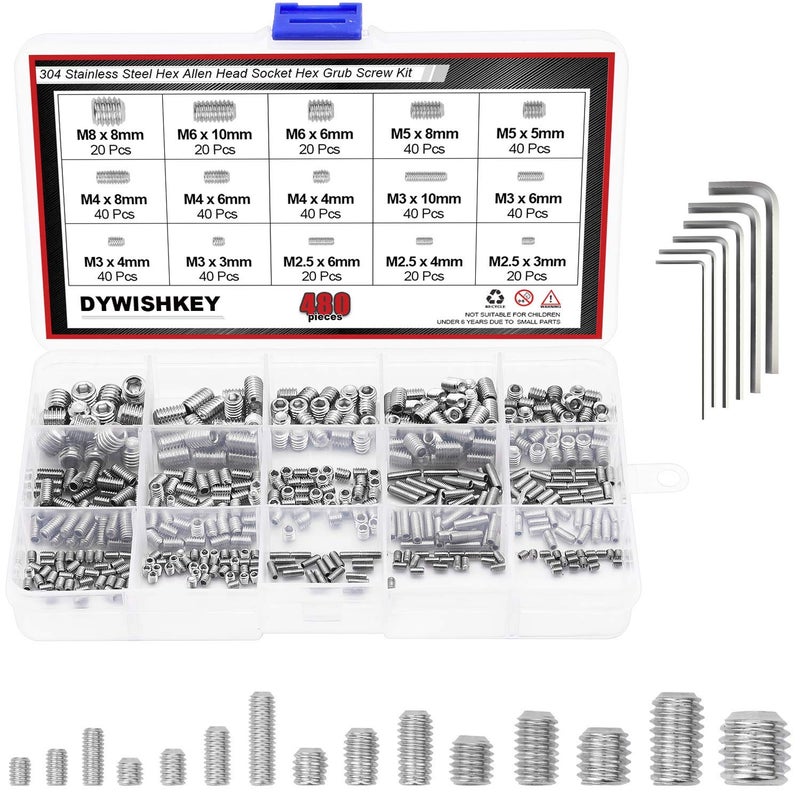 DYWISHKEY Allen Head Socket Hex Grub Screw Set Screw Assortment Kit with 6 Hex Wrenches Internal Hex Drive CupPoint 480PCS M25M3M4M5M6M8 Silver - Image 2
