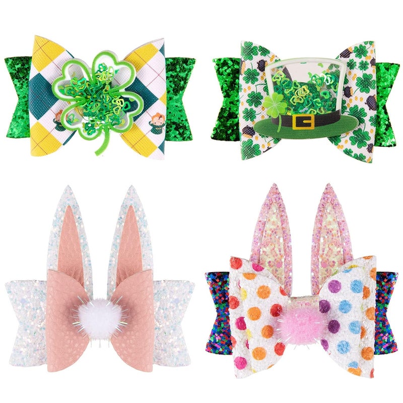 Whaline St Patricks Day  Easter Bow Clips Glitter Shamrock Clover Bunny Rabbit Hair Pins Quicksand Sequin Bow Hair Barrettes Alligator Clip Hair Accessories for Girls Women Birthday Gifts 4 Pack