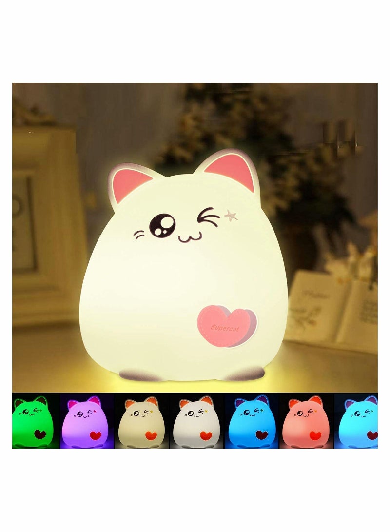 SYOSI Night Light for Kids, Soft Silicone Baby Night Light with Touch Sensor, Bedside Lamps with Quick USB Charging Port, 7 Colors Change Little Kitten Lights, Animal Shape Night Light Lamp  - Image 1
