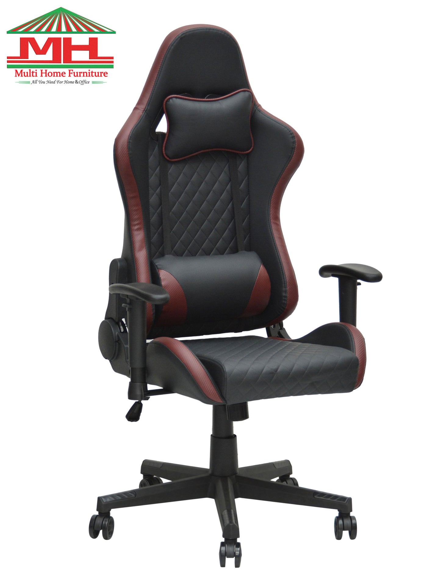 Multi Home Furniture Black & Wine Gaming Chair with Foot Rest | Ergonomic Chair & Recliner Chair with Headrest & Lumbar Support | High-Back PU Leather 360° Swivel Chair & Office Chair for Gaming PC & Home
