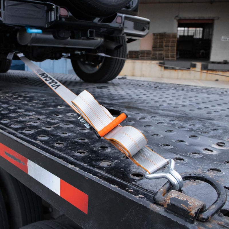 VULCAN Complete Axle Strap Tie Down Kit with Wire J-Hook Ratchet Straps - Silver Series Webbing - Includes (4) 22 and (4) 36 Inch Axle Tie Downs, and (4) 8' Wire Hook Straps - Image 3