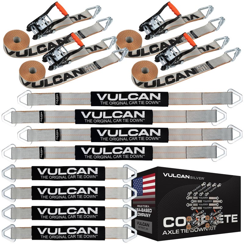 VULCAN Complete Axle Strap Tie Down Kit with Wire J-Hook Ratchet Straps - Silver Series Webbing - Includes (4) 22 and (4) 36 Inch Axle Tie Downs, and (4) 8' Wire Hook Straps - Image 1