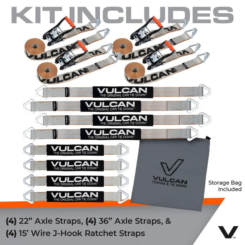 VULCAN Complete Axle Strap Tie Down Kit with Wire J-Hook Ratchet Straps - Silver Series Webbing - Includes (4) 22 and (4) 36 Inch Axle Tie Downs, and (4) 8' Wire Hook Straps - Image 5