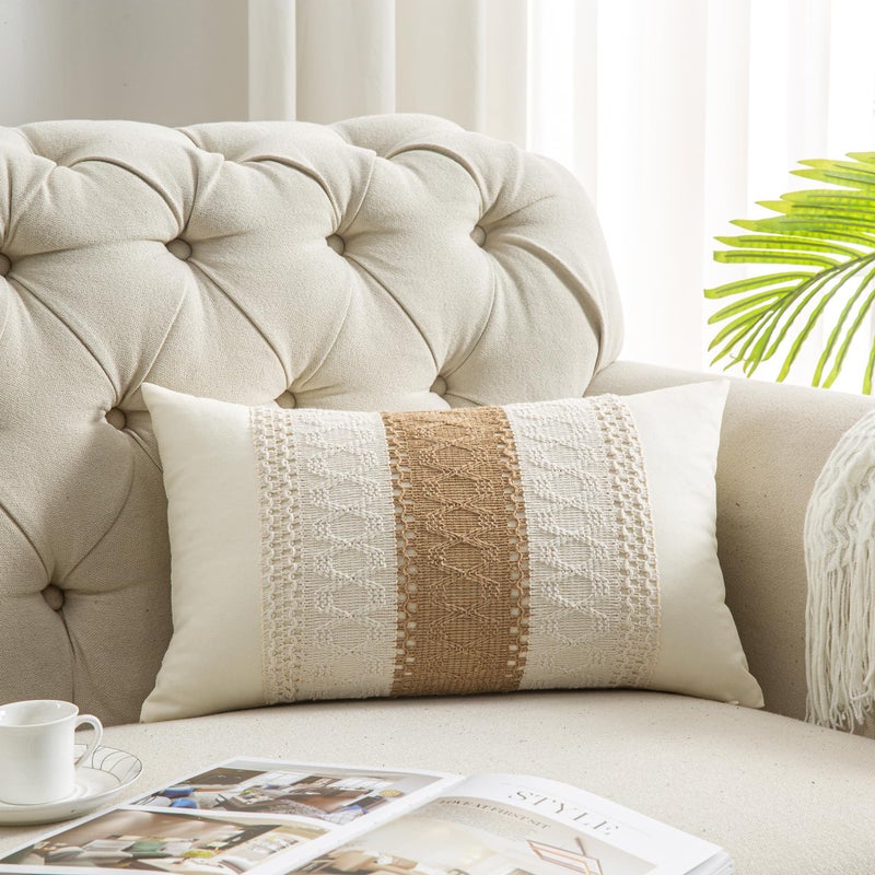 Mayler Yee Lumbar Throw Pillow Covers 12 x 20 Inch 1PC for Farmhouse Living Room, Cotton & Burlap Textured Striped Woven Boho Pillow Covers (Beige & Brown, Single Striped) - Image 1