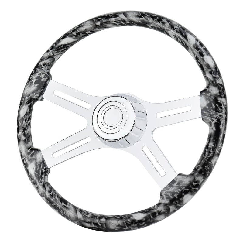 QYMOPAY 18 Solid Wood Skulls hydroprinted Truck Steering Wheel 4Spoke Chrome Plated Aluminum Steering Wheel for SemiTrailersTrucks for Kenworth Peterbilt Volvo Freightliner - Image 2