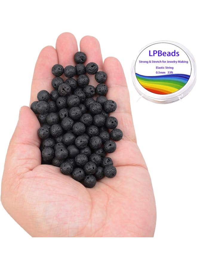 100 قطعة 8 مللي متر خرز اللافا الأسود الطبيعي أحجار كريمة مستديرة فضفاضة لصنع المجوهرات بحبل مطاطي كريستالي