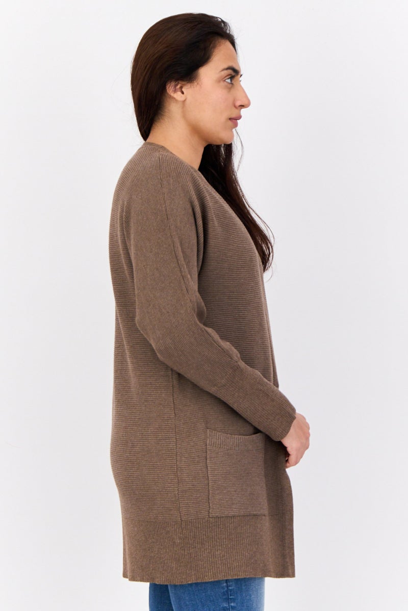 Pink Rose Women Split Neck Textured Cardigan, Mocha  - Image 2