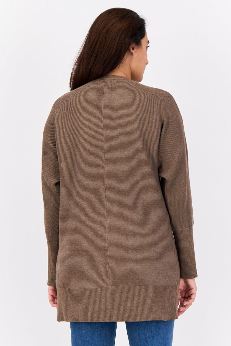 Pink Rose Women Split Neck Textured Cardigan, Mocha  - Image 3