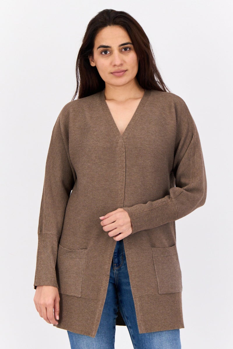 Pink Rose Women Split Neck Textured Cardigan, Mocha  - Image 1