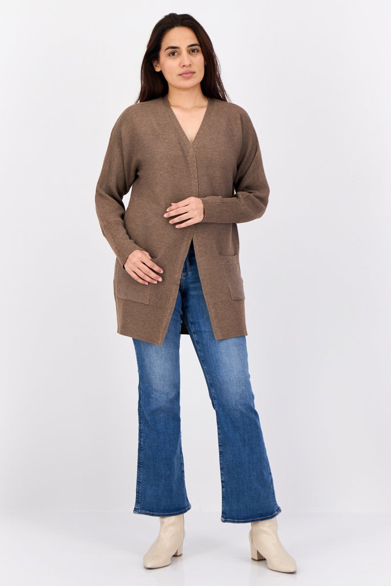 Pink Rose Women Split Neck Textured Cardigan, Mocha  - Image 4