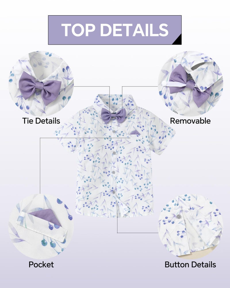 DISAUR Baby Boy Dress Clothes Printed Short Sleeve Shirt Lavender Purple Suspender Pants Easter Boy Wedding Outfits for Family Photos 3t 4t 3-4t - Image 3