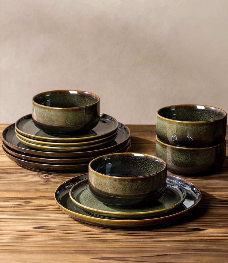 TheTerra Ceramic Dinnerware Sets for 4, 12 Pieces Handmade Reactive Glaze Plates and Bowls Set, Scratch Resistant Dish Set, Oven & Microwave & Dishwasher Safe, Olive Green - Image 5