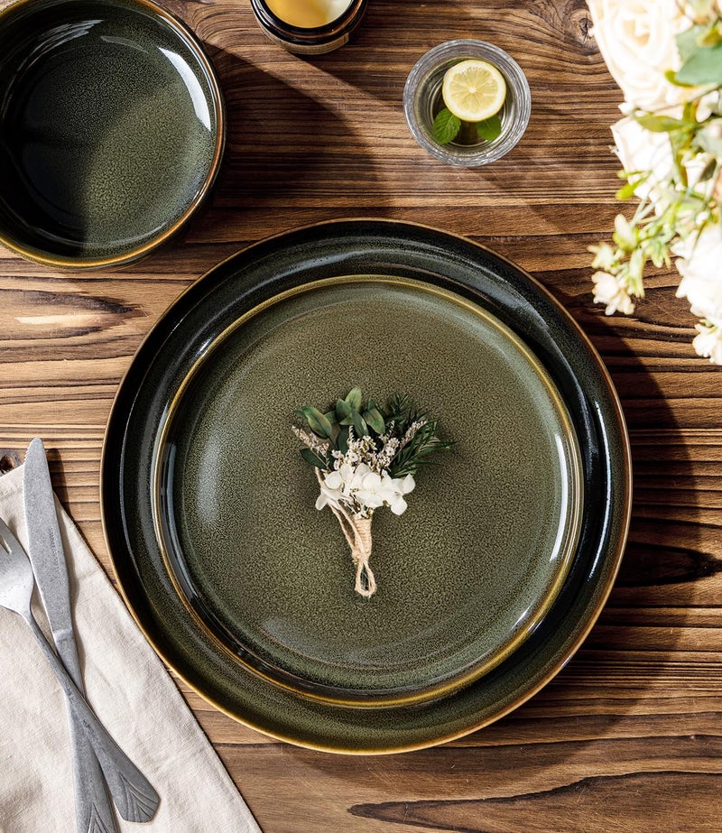 TheTerra Ceramic Dinnerware Sets for 4, 12 Pieces Handmade Reactive Glaze Plates and Bowls Set, Scratch Resistant Dish Set, Oven & Microwave & Dishwasher Safe, Olive Green - Image 2