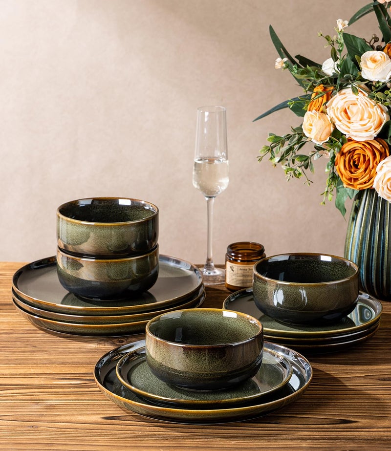 TheTerra Ceramic Dinnerware Sets for 4, 12 Pieces Handmade Reactive Glaze Plates and Bowls Set, Scratch Resistant Dish Set, Oven & Microwave & Dishwasher Safe, Olive Green - Image 3