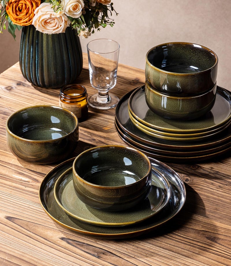 TheTerra Ceramic Dinnerware Sets for 4, 12 Pieces Handmade Reactive Glaze Plates and Bowls Set, Scratch Resistant Dish Set, Oven & Microwave & Dishwasher Safe, Olive Green - Image 4