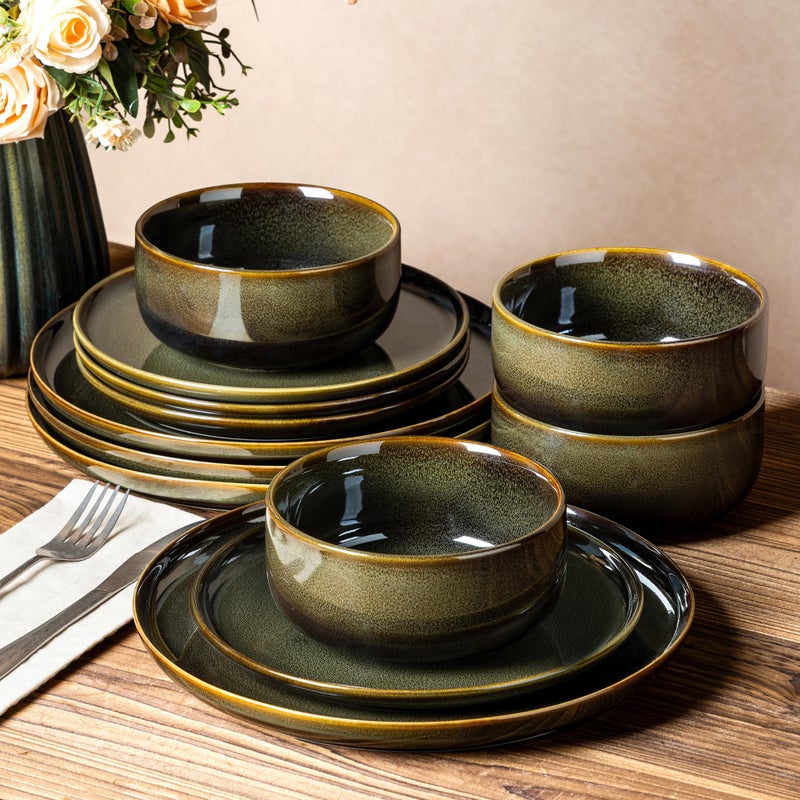 TheTerra Ceramic Dinnerware Sets for 4, 12 Pieces Handmade Reactive Glaze Plates and Bowls Set, Scratch Resistant Dish Set, Oven & Microwave & Dishwasher Safe, Olive Green - Image 1
