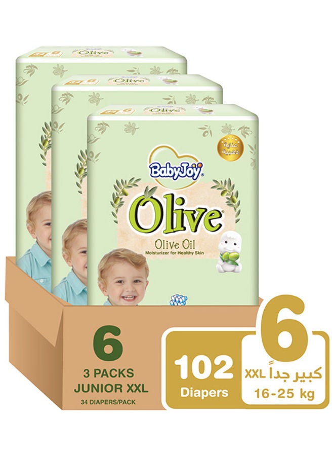 بيبي جوي عبوة حفاضات بزيت الزيتون مقاس 6 جونيور إكس إكس إل لوزن من 16 إلى 25 كجم عبوة ميجا من 102 حفاض - Image 1