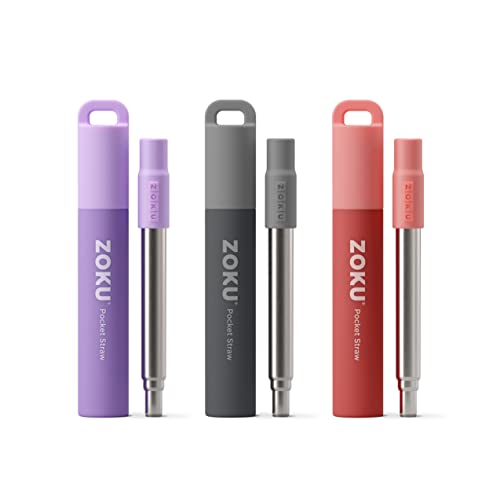 ZOKU ZOKU Reusable Metal Straws with Case for Travel Purple Grey and Red  Collapsible Stainless Steel Drinking Straws with Silicone Tips and Cleaner Brushes Ideal for Key Chains Pockets Purses 