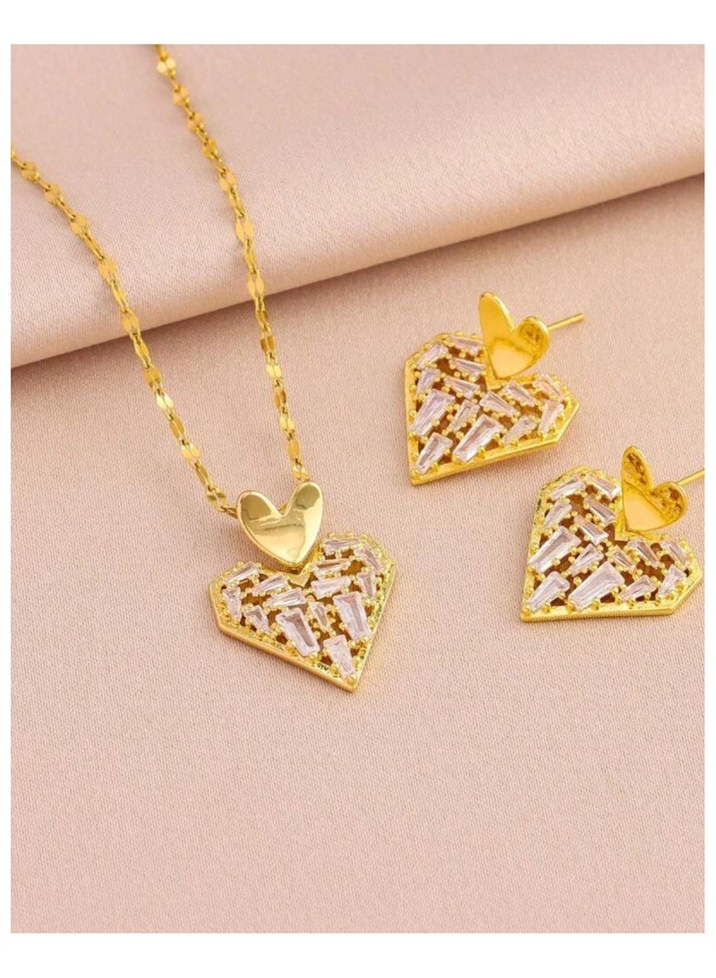 نيو ستايل طقم اكسسوارات نسائي فاخر مكون من سلسال وحلق أذن وخاتم من الاستانلس ستيل مطلي باللون الذهبي - Image 3