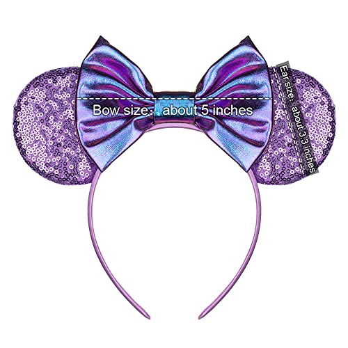 Foeran Mouse Ears Headbands Shiny Bows Mouse Ears Glitter Party Princess Decoration Cosplay Costume for Girls Women (Purple-1) - Image 5