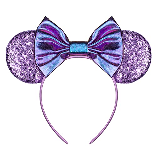Foeran Mouse Ears Headbands Shiny Bows Mouse Ears Glitter Party Princess Decoration Cosplay Costume for Girls Women (Purple-1) - Image 1