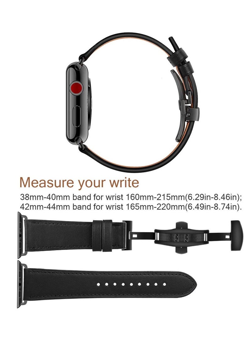 Genuine Leather Band for Apple Watch Premium Quality Strap with Butterfly Clasp Men Compatible iWatch SE Series 9 8 7 6 5 4 3 2 1or Ultra Black All of