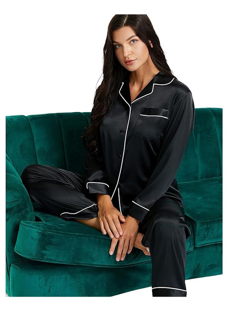 كابريشوس طقم بيجامة نسائية من الساتان الحريري بأكمام كاملة - ملابس نوم فائقة النعومة ومريحة لنوم فاخر ومريح، مثالية لأمسيات الاسترخاء والليالي المريحة - Image 2