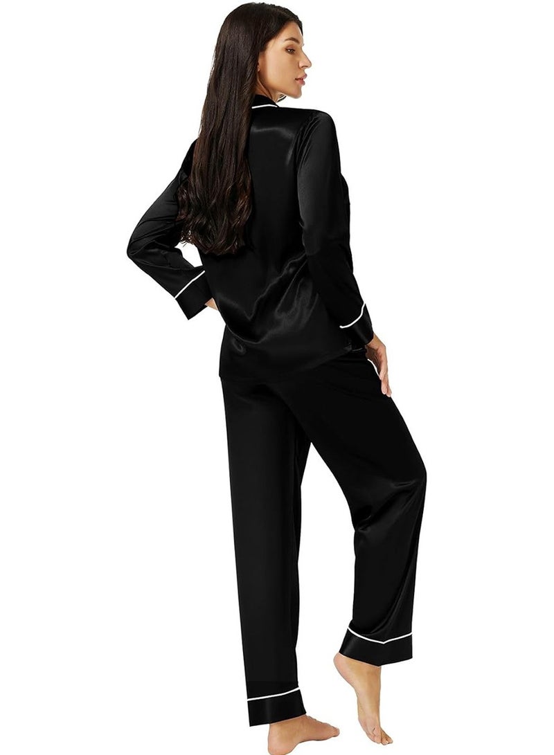 كابريشوس طقم بيجامة نسائية من الساتان الحريري بأكمام كاملة - ملابس نوم فائقة النعومة ومريحة لنوم فاخر ومريح، مثالية لأمسيات الاسترخاء والليالي المريحة - Image 5