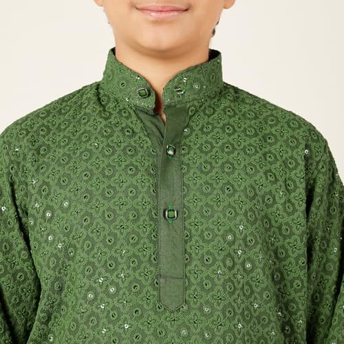 AJ DEZINES Kids Cotton Full Sleeve Sequined Green Kurta for Boys - Ethnic wear | Special Occasion & Party Outfit | Chikankari Kurta for Boys - Regular Fit - Image 5
