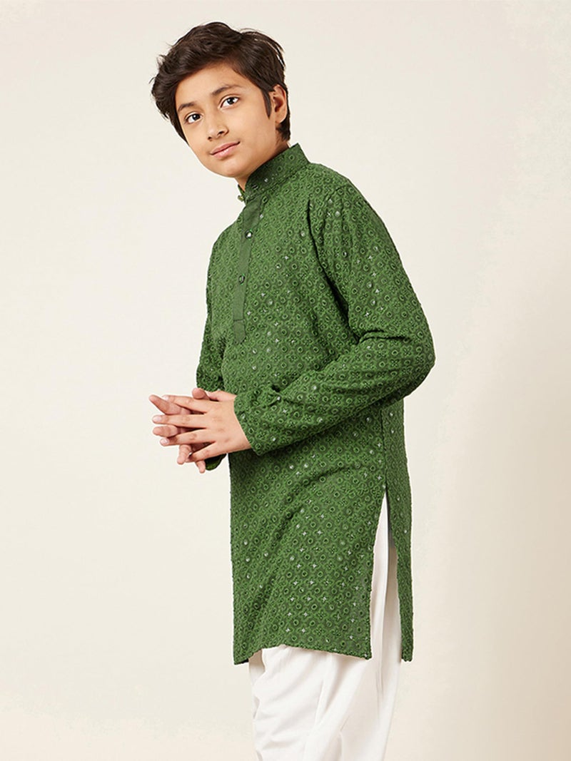 AJ DEZINES Kids Cotton Full Sleeve Sequined Green Kurta for Boys - Ethnic wear | Special Occasion & Party Outfit | Chikankari Kurta for Boys - Regular Fit - Image 4