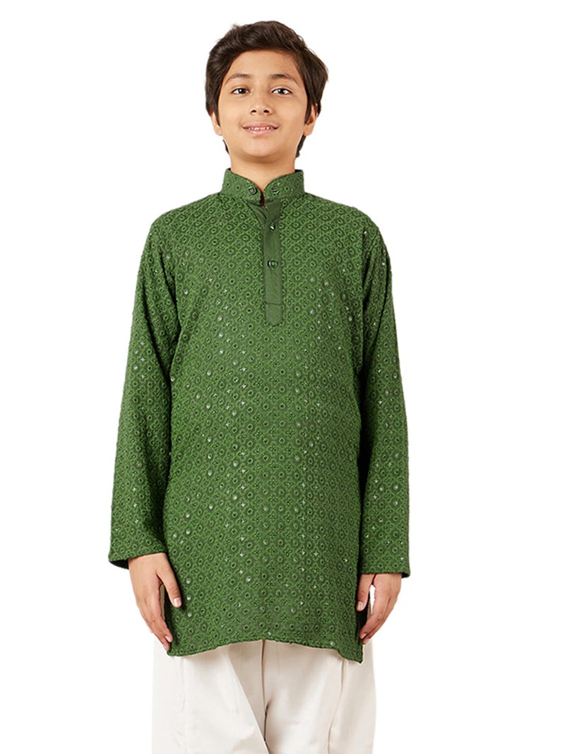 AJ DEZINES Kids Cotton Full Sleeve Sequined Green Kurta for Boys - Ethnic wear | Special Occasion & Party Outfit | Chikankari Kurta for Boys - Regular Fit - Image 1