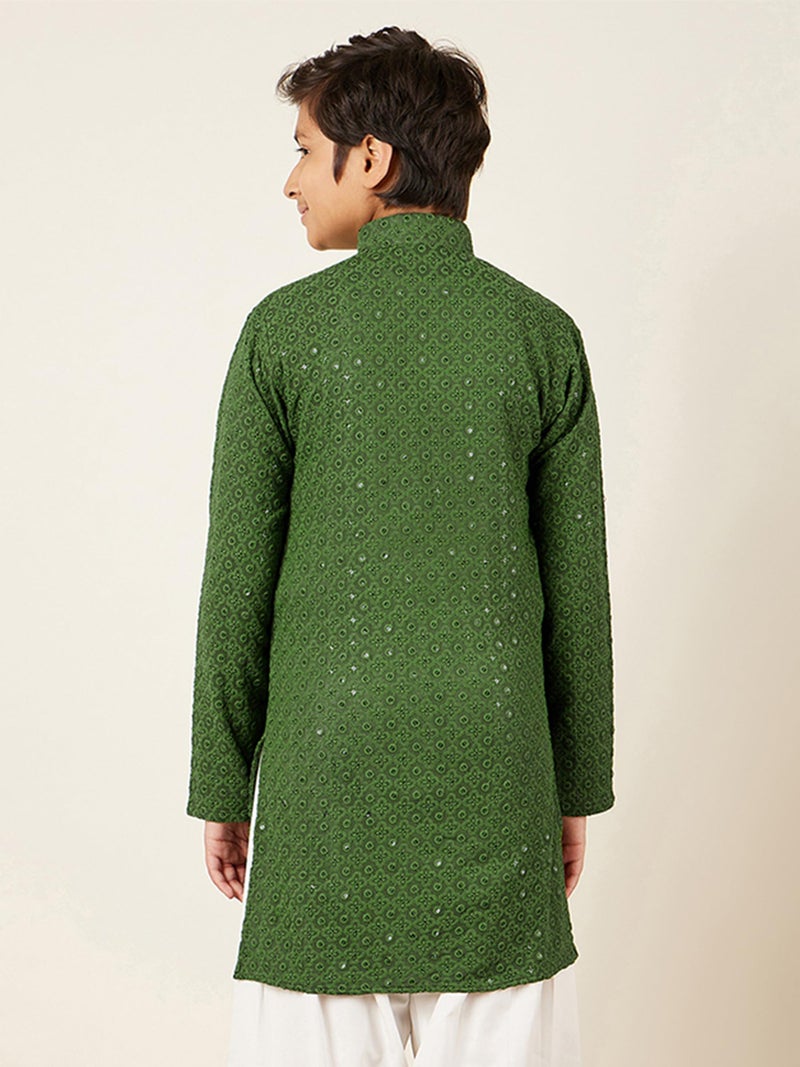 AJ DEZINES Kids Cotton Full Sleeve Sequined Green Kurta for Boys - Ethnic wear | Special Occasion & Party Outfit | Chikankari Kurta for Boys - Regular Fit - Image 2