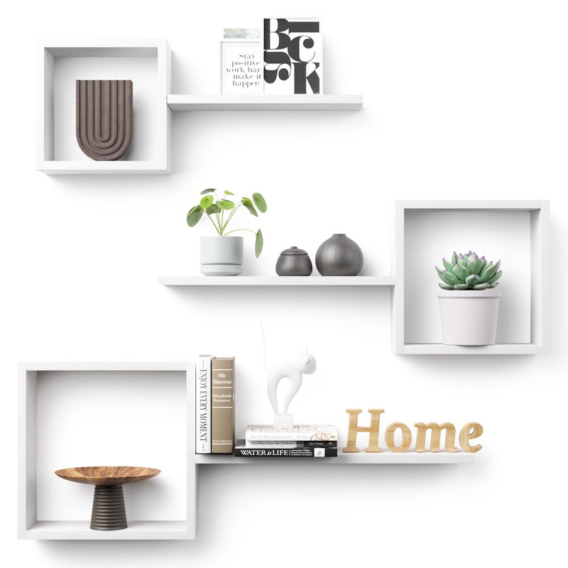 Wooden Square Floating Shelves Wall Mount Set of 6 Cube Shelves Geometric Wall Decor Floating Box Shelves for Bedroom Living Room Bathroom Kitchen Office White