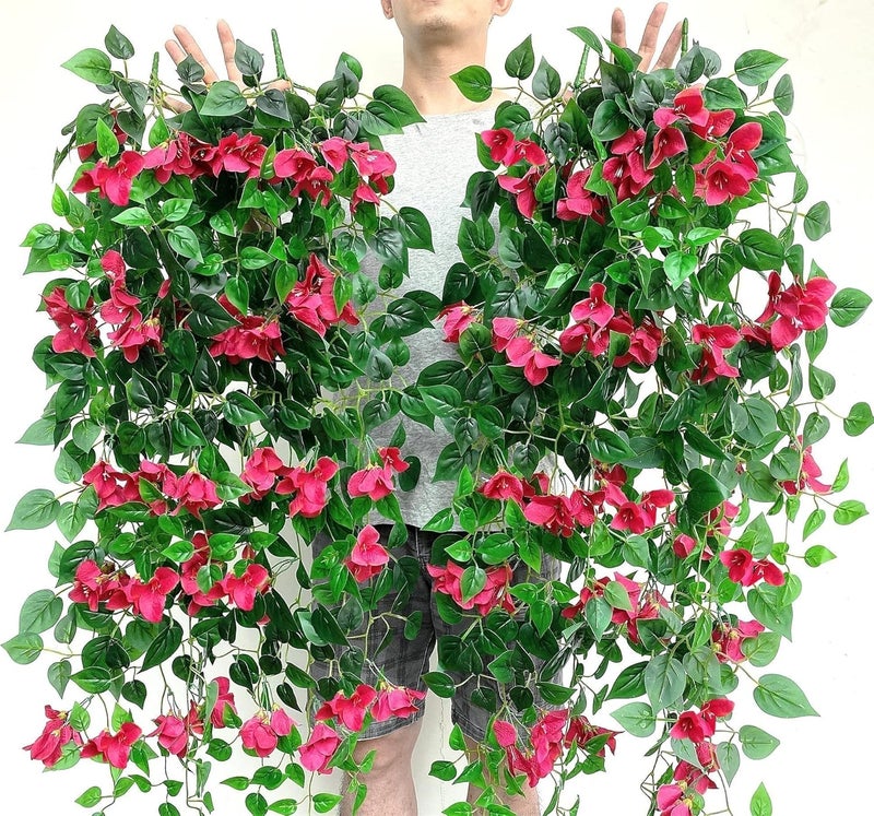swerchor Pack of 4pcs Artificial Hanging Bougainvillea Silk Plastic Flower Vines Faux Plant for Indoor Outdoor Home Farmhouse Garden Porch Eave Wall Fence Wedding Party Decor (Fuchsia) - Image 2