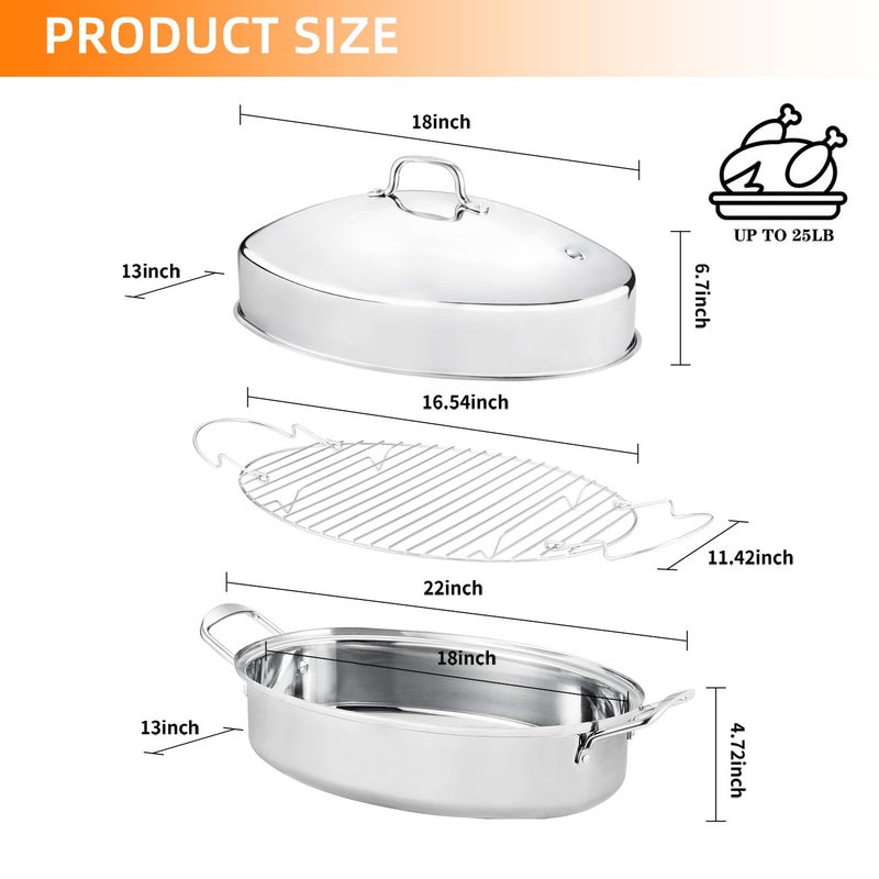 QPMR 22" Stainless Steel Roasting Pan with Lid and Rack,25LB Capacity,Large Roaster Pan for Oven,Nonstick Roasting Pan for Turkey,Chicken,Gifts for Mom,Wife - Image 2