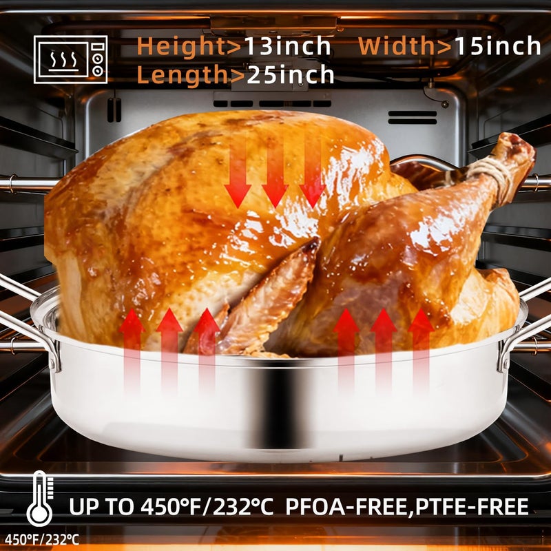 QPMR 22" Stainless Steel Roasting Pan with Lid and Rack,25LB Capacity,Large Roaster Pan for Oven,Nonstick Roasting Pan for Turkey,Chicken,Gifts for Mom,Wife - Image 4