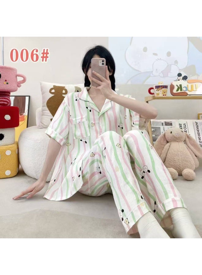 Korean Style Women's Cotton Pajama Set, Soft Cloud Cotton Sleepwear, Short Sleeve Button-Up Top & Long Pants, Free Size